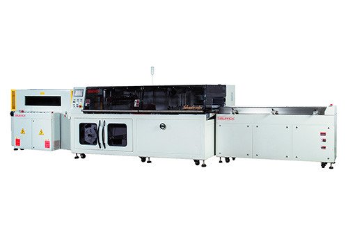 FL-5545TBJ + SM-5030LH + 4,5 м: Полностью сервоприводная машина для боковой запайки (непрерывного действия) с термоусадочным туннелем
